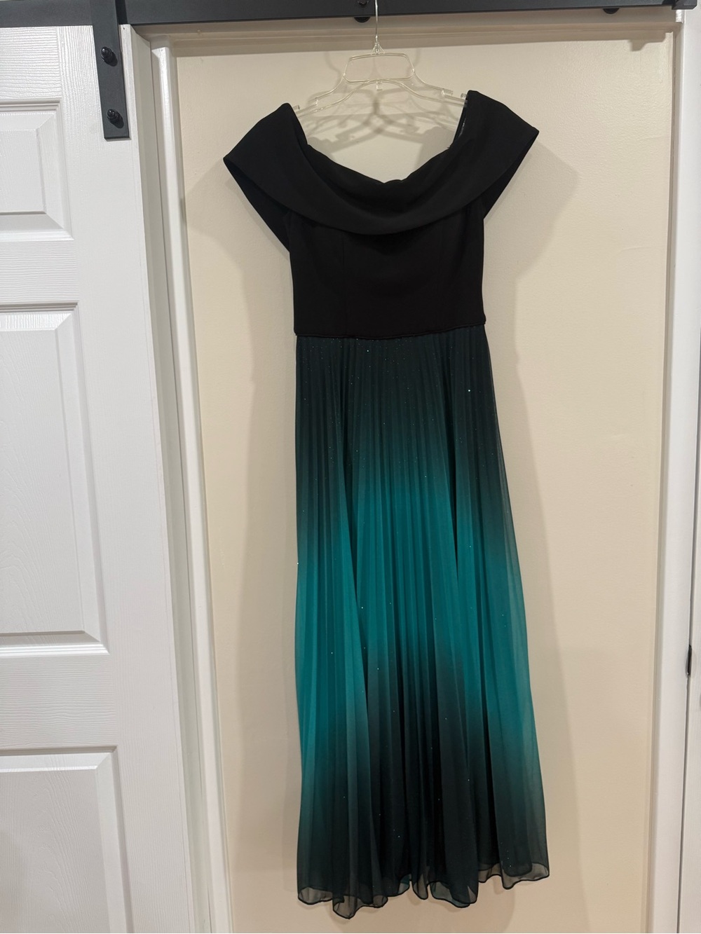 Betsy & Adam Black Bodice with Teal Ombre Pleated Skirt Evening Gown